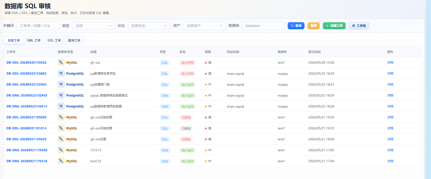 AutoOps 数据库审核工单界面